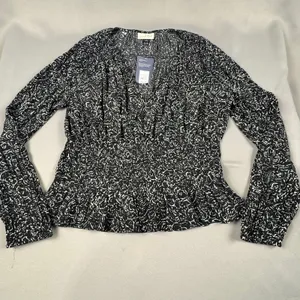 Universal Threads Black White Floral Smocked Peplum Top Long Sleeve NWT Large‎ thumbnail 2