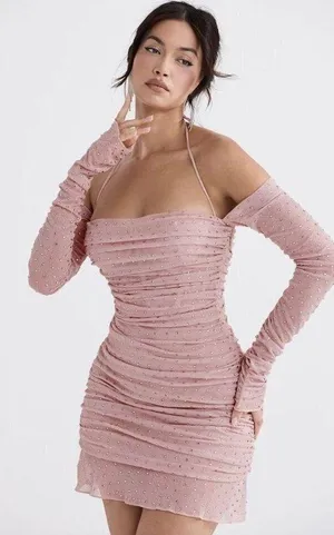 HOUSE OF CB Estella Crystallised Mini Dress in Soft Pink Size Medium thumbnail 1