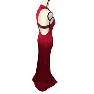 Kurt Thomas Red Cowl Neck Slinky Halter Gown Size 2 Beaded Open Back Maxi Dress thumbnail 2