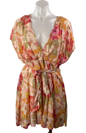 Free People Freddy Coral Short Sleeve Floral V Neck Tie Fit & Flare Mini Dress M thumbnail 1
