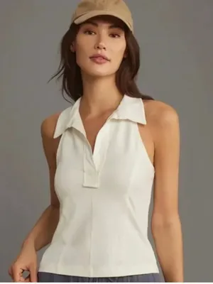 Anthropologie Pilcro White Cotton Blend V Neck Polo Tank Top thumbnail 1