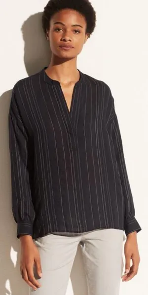 Ann Taylor Black Diagonal Striped V-Neckline Blouse thumbnail 1