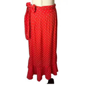 Draper James‎ Wrap Midi Skirt Women Medium Red Polka Dot Ruffle Trim Preppy Boho thumbnail 6