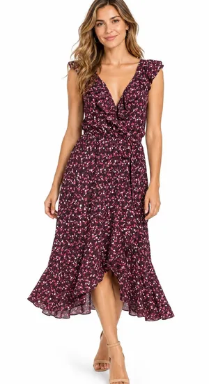 SOCIALITE Burgundy Surplice Faux-Wrap Asymmetrical Ruffle Midi Dress Small thumbnail 1