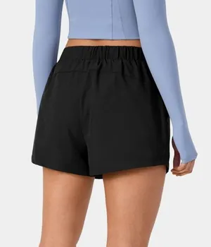 Halara High Waisted Elastic Waistband Drawstring Ruched Pocket Shorts 3" Black S thumbnail 2