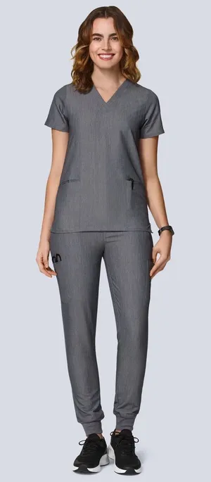 Mandala Scrub Set Charcoal Grey V Neck Top High Waisted Joggers Size Medium thumbnail 1