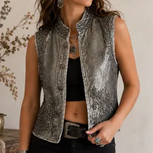 Vintage Gray Embroidered‎ Beaded Mandarin Collar Boho Vest Artisan Western Layer thumbnail 1