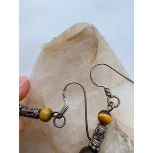 Vintage Sterling Silver 925 Tigers Eye Dangle Drop Earrings Bali Style Boho thumbnail 3