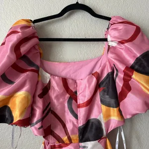 Aureta Anthropologie Studio Printed Puff Sleeve Maxi Cut Out Dress Pink Abstract thumbnail 4