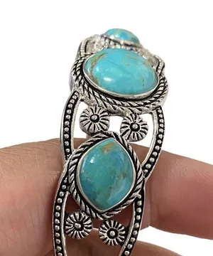 Stauer Triple Turquoise Cuff Open Bangle Silver Bracelet thumbnail 2