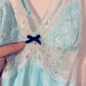 Victoria's Secret 00's vintage aqua silky 100% synthetic lace criss cross back y2k mini slip dress thumbnail 4