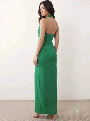 Vesper ASOS Green Bengaline Halterneck Thigh Split Maxi Dress Sz 8UK USA 4 thumbnail 2