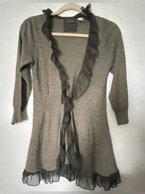 Guinevere Anthropologie Olive Green Striped Ruffle Open Front Cardigan Sz S thumbnail 4
