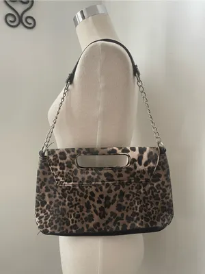 Leopard Print Shoulder Bag with Chain and Top Handle - Brown/Black thumbnail 2