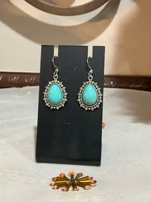 Turquoise stone dangle earrings with silver accents Blue thumbnail 3