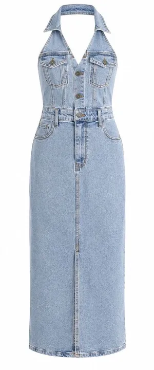 Gianni Bini Denim Halter‎ Maxi Dress Womens XS Light Wash Western Y2K Festival thumbnail 1