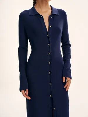 COMMENSE NWT Long Sleeve Button Knit Maxi Dress Navy Gold Buttons thumbnail 4