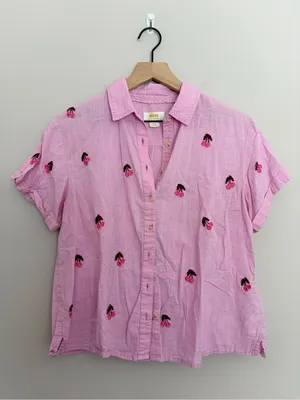 Maeve Anthropologie Fruit Short Sleeve Button Down Cherry Pink thumbnail 2