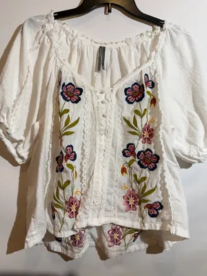 Anthropologie Embroidered Puff Sleeve Swing Floral Blouse Boho Cotton Top Size M thumbnail 10