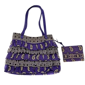 Vera Bradley Purple Paisley Ruffled Handbag Quilted Shoulder Tote‎ Wallet Set thumbnail 1