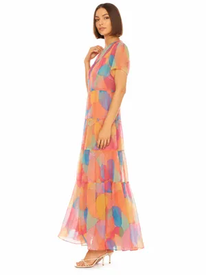 Sheer Multicolor Abstract Print Tiered Maxi Dress Short Sleeve Rainbow Medium thumbnail 3