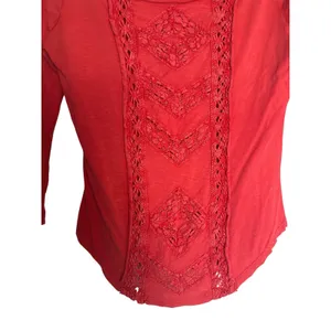 Free People Truly Madly Red Crochet Lace 3/4 Sleeve Boho Cotton Top Size Small thumbnail 5