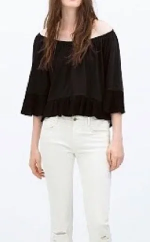ZARA Ruffle Detail Off-The-Shoulder Top Black Relaxed Flowy Shoulderless Blouse thumbnail 1