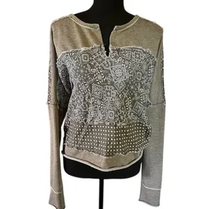 In Loom Taupe Bandana Patchwork Distressed Pullover L thumbnail 2