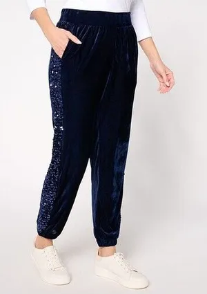 LOGO Lavish by Lori Goldstein Navy Blue Velour Sequin Side Stripe Joggers S thumbnail 1