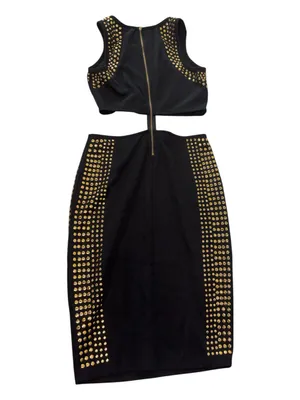 2B BEBE Black Studded 2 Piece Bodycon Skirt Set Crop Top Dress thumbnail 2