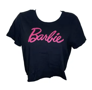 Mattel Barbie Cropped Crew Neck T-shirt Black With Barbie in Pink Writing Small thumbnail 1