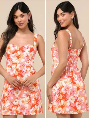 Lulus Ashlea Orange Floral Sweetheart Mini Dress Size Medium Sleeveless Beach thumbnail 2