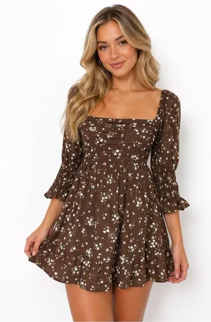 Blue Rain Floral Babydoll Mini Dress Medium Cottagecore Brown Sheer Sleeve thumbnail 1