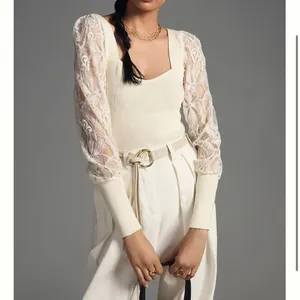 Anthropologie NEW Lace Sleeve Cream Sweater Top thumbnail 2