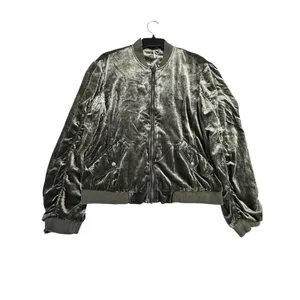 Free People Ruched Bomber Jacket Small Gray Plush Velvet Draped Zip‎ #L6-6 thumbnail 9