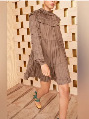Ulla Johnson Elsa Mini Dress Mica Taupe Ruffled Tiered Satin Size Medium Large thumbnail 2