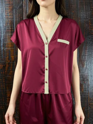 INC Burgundy Satin Blouse Pajama Top XS thumbnail 1