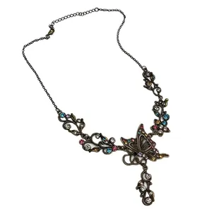 Brass-Tone Multi Color Rhinestone Butterfly Flower Charm Necklace thumbnail 4