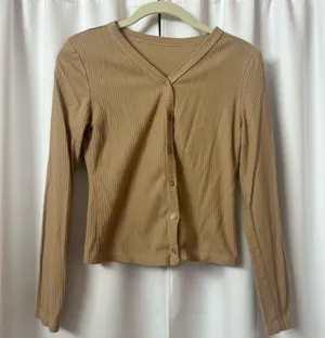 Khaki Brown V-Neck Button Up Slim Fit Cotton Cardigan Top Size Large thumbnail 1