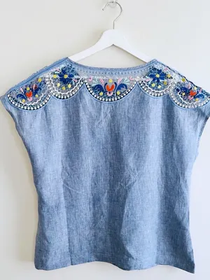 Boden Fleur Linen Embroidered Top in Chambray 12 thumbnail 6