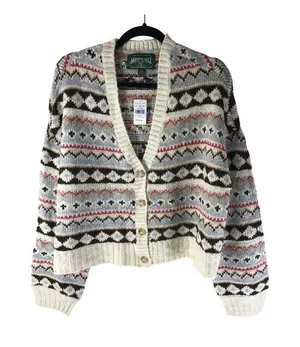 American Eagle Womens Soft & Cozy Fair Isle Button-Up Cardigan Cropped Ivory L thumbnail 1