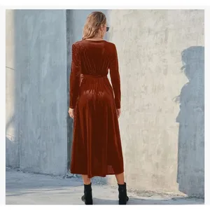 NEW Rust Ribbed Velvet Wrap Long Sleeve Belted Dress L thumbnail 2