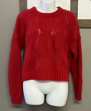 Madewell Women’s Heavy Weight Everett Cable Knit Pullover Red Sweater-Small thumbnail 1