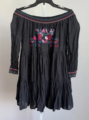 Free People Embroidered‎ Off Shoulder Fairy Dress Black Boho Peasant XS thumbnail 1