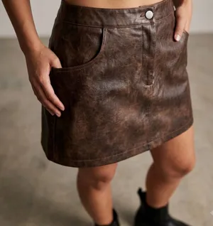 Cider Brown Faux Leather Mini Skirt Distressed A-Line Pockets XL thumbnail 1