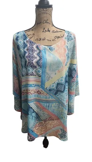 Chico's Patchwork Print Tunic Top‎ Flowy Blouse Colorful L/XL thumbnail 1