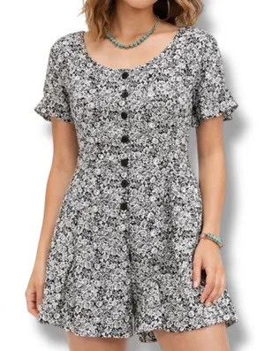Express Vintage 90s Black White Floral Rayon Button Front Romper‎ Small Romantic thumbnail 1
