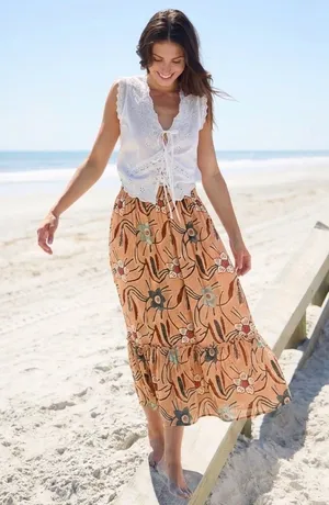 Christian Siriano New York Midi Tiered Smocked Skirt Size XS Boho Festival Tan thumbnail 1