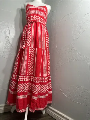 Vero Moda Soft Red & White Cotton Maxi Dress – Boho Geometric Print. thumbnail 6