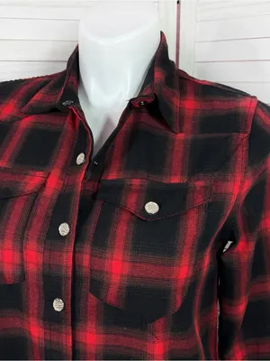 L&S‎ Plaid Snap Front Midi Duster Shirt Dress Shacket Red Black XL Western Boho thumbnail 5